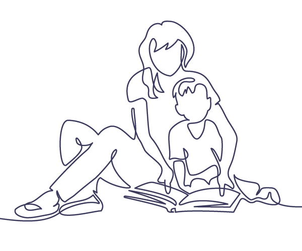 Line drawing of mother and child