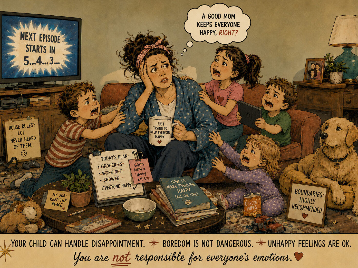 Comic showing an overwhelmed mom needing therapy for boundaries