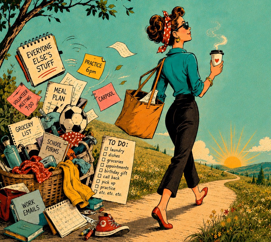Woman walking down a path leaving the mental load behind her