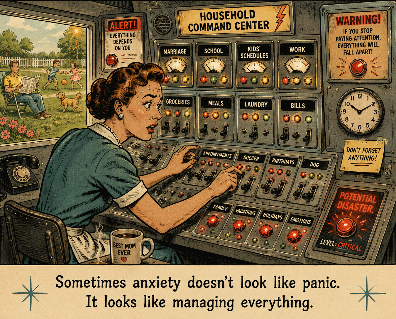 Comic showing a woman managing all the tasks of the mental load